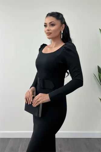 Crepe Fabric Belt Detailed Fishtail Dress - BLACK - 4