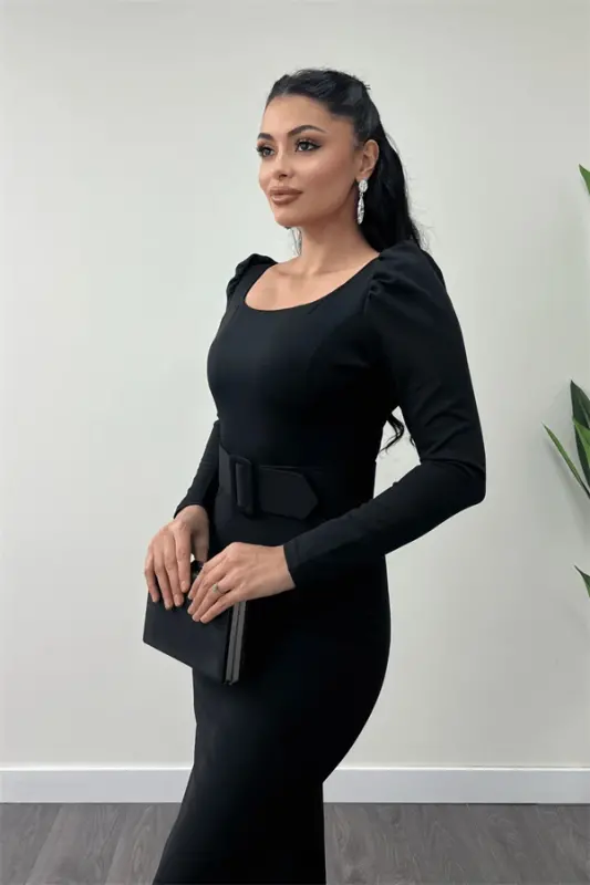 Crepe Fabric Belt Detailed Fishtail Dress - BLACK - 4