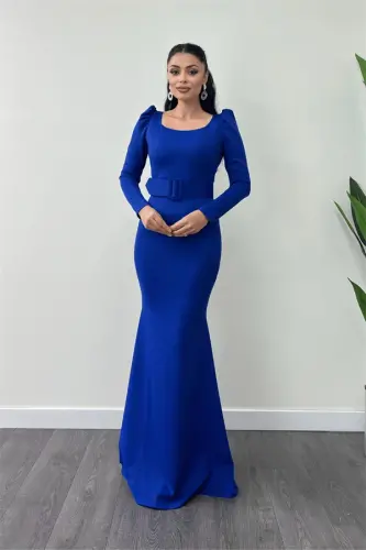 Crepe Fabric Belt Detailed Fishtail Dress - SAPPHIRE BLUE - 1