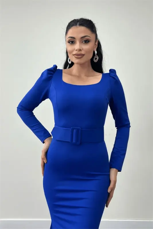 Crepe Fabric Belt Detailed Fishtail Dress - SAPPHIRE BLUE - 3