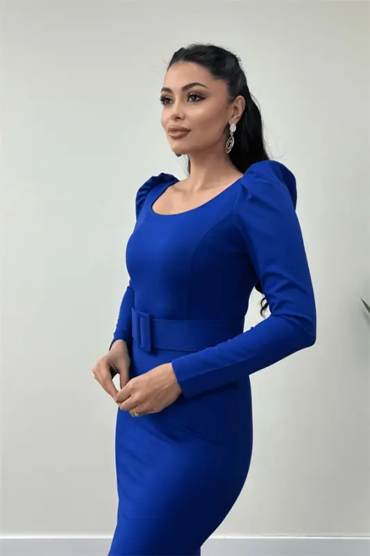 Crepe Fabric Belt Detailed Fishtail Dress - SAPPHIRE BLUE - 4