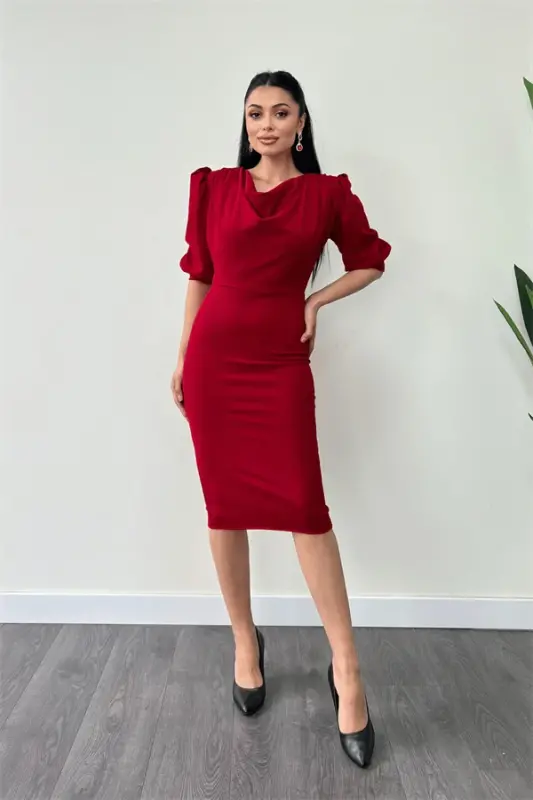 Crepe Fabric Boat Neck Pencil Dress - RED - BÜYÜKBEDENIZ