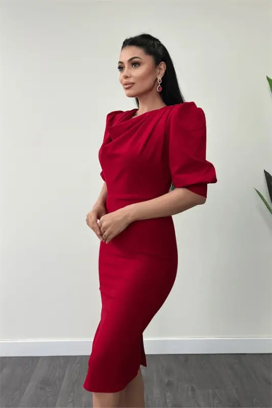 Crepe Fabric Boat Neck Pencil Dress - RED - 3