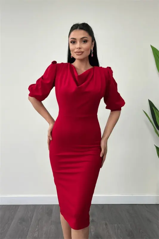 Crepe Fabric Boat Neck Pencil Dress - RED - 4