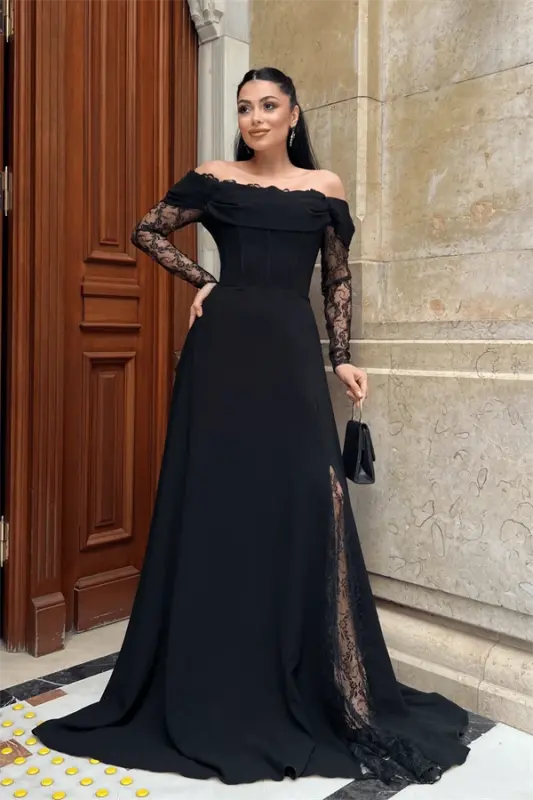Crepe Fabric Boned Lace Detailed Evening Dress - BLACK - 2