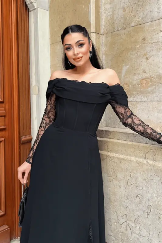 Crepe Fabric Boned Lace Detailed Evening Dress - BLACK - 4
