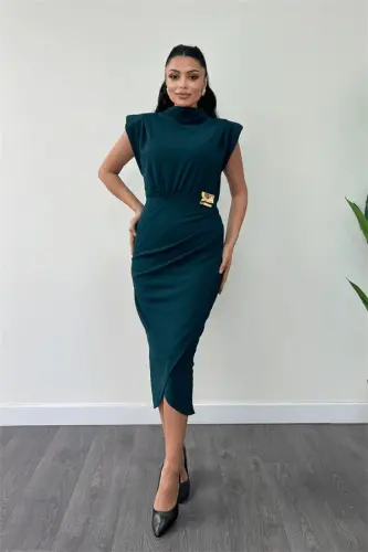 Crepe Fabric Brooch Ruched Detail Pencil Dress - EMERALD GREEN - 1