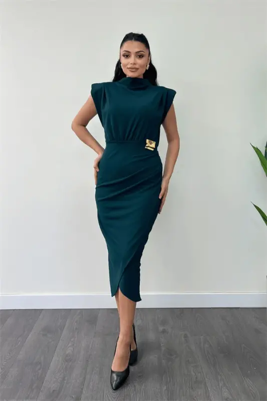 Crepe Fabric Brooch Ruched Detail Pencil Dress - EMERALD GREEN - 1