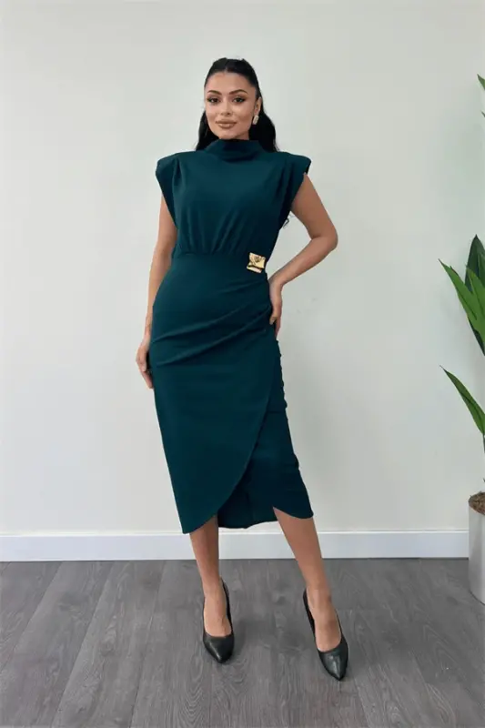 Crepe Fabric Brooch Ruched Detail Pencil Dress - EMERALD GREEN - 2