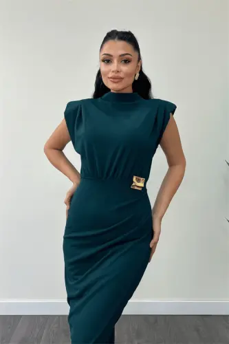 Crepe Fabric Brooch Ruched Detail Pencil Dress - EMERALD GREEN - 3