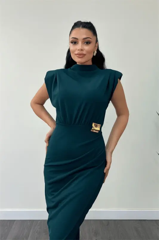 Crepe Fabric Brooch Ruched Detail Pencil Dress - EMERALD GREEN - 3