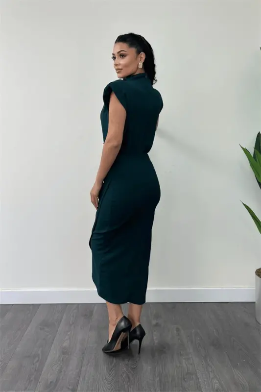 Crepe Fabric Brooch Ruched Detail Pencil Dress - EMERALD GREEN - 5