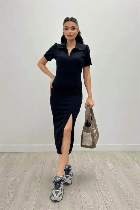 Crepe Fabric Collar Zipper Detailed Pencil Dress - BLACK - BÜYÜKBEDENIZ