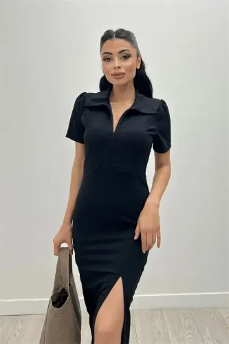 Crepe Fabric Collar Zipper Detailed Pencil Dress - BLACK - 3