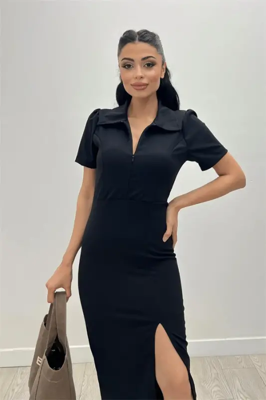Crepe Fabric Collar Zipper Detailed Pencil Dress - BLACK - 4