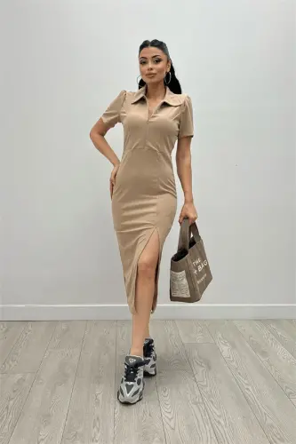 Crepe Fabric Collar Zipper Detailed Pencil Dress - Camel - 1