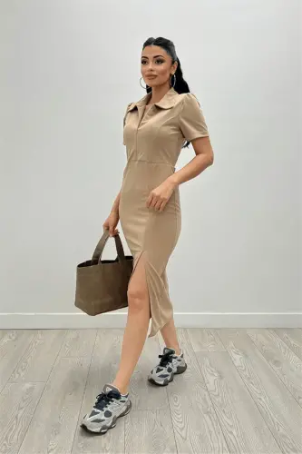 Crepe Fabric Collar Zipper Detailed Pencil Dress - Camel - BÜYÜKBEDENIZ (1)