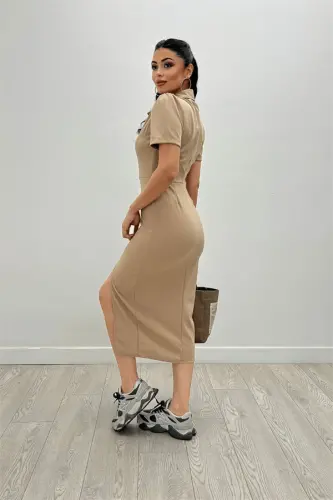 Crepe Fabric Collar Zipper Detailed Pencil Dress - Camel - 5