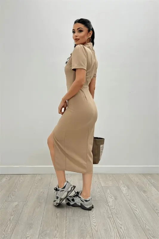 Crepe Fabric Collar Zipper Detailed Pencil Dress - Camel - 5