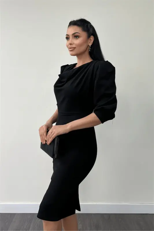 Crepe Fabric Cowl Neck Pencil Dress - BLACK - 4