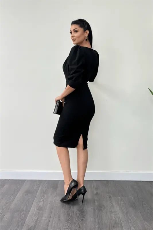 Crepe Fabric Cowl Neck Pencil Dress - BLACK - 5