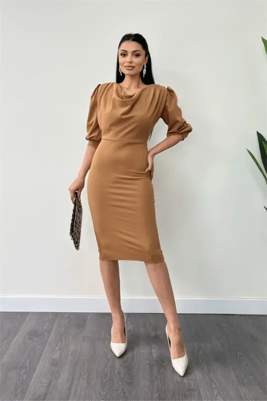 Crepe Fabric Cowl Neck Pencil Dress - Camel - 1