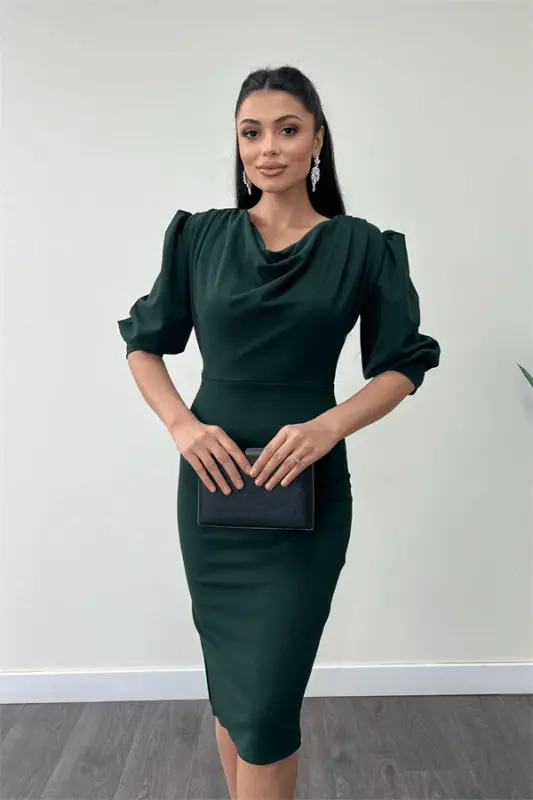 Crepe Fabric Cowl Neck Pencil Dress - EMERALD GREEN - 3