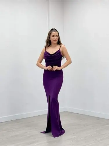 Crepe Fabric Cowl Neck Strap Dress - EGGPLANT PURPLE - 1