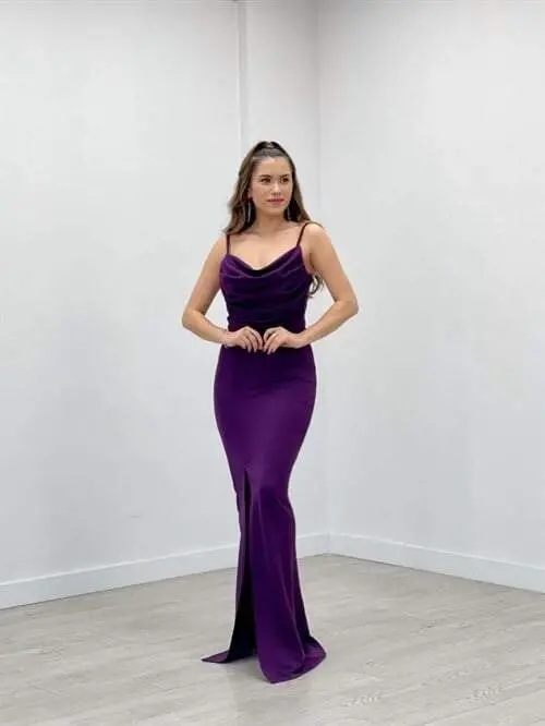 Crepe Fabric Cowl Neck Strap Dress - EGGPLANT PURPLE - 1