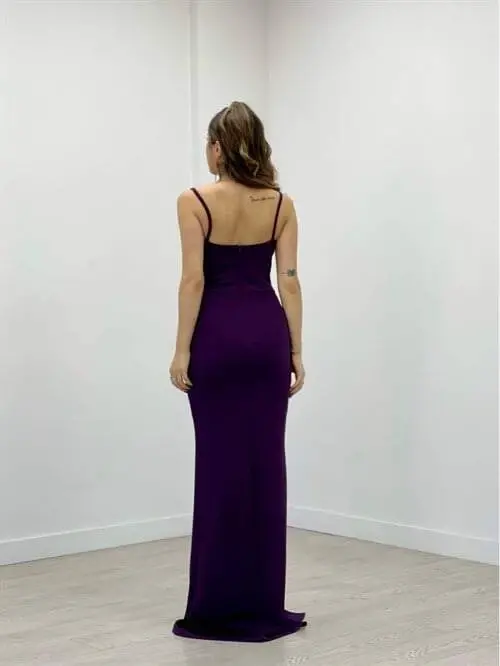 Crepe Fabric Cowl Neck Strap Dress - EGGPLANT PURPLE - 5