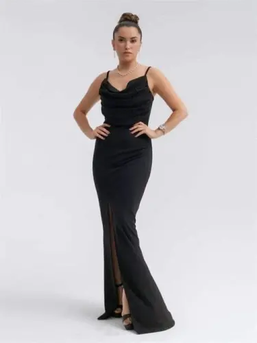 Crepe Fabric Cowl Neck Tank Dress - BLACK - 1