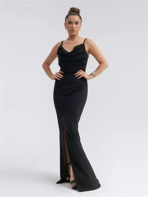 Crepe Fabric Cowl Neck Tank Dress - BLACK - 1