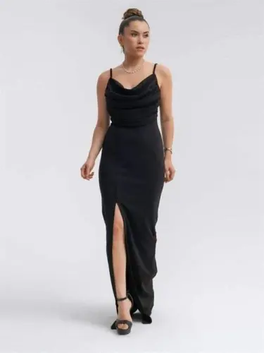 Crepe Fabric Cowl Neck Tank Dress - BLACK - BÜYÜKBEDENIZ (1)