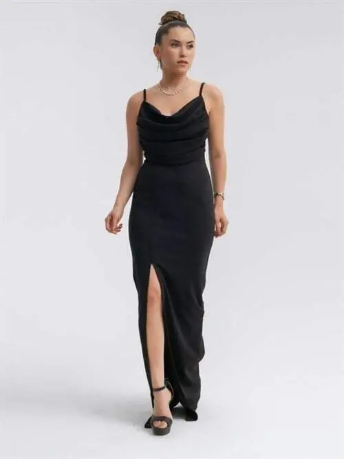 Crepe Fabric Cowl Neck Tank Dress - BLACK - 2