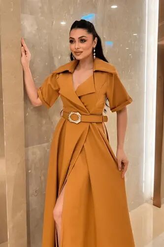 Crepe Fabric Cross V-Neck Belted Dress - TILE - 3