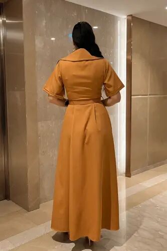 Crepe Fabric Cross V-Neck Belted Dress - TILE - 5