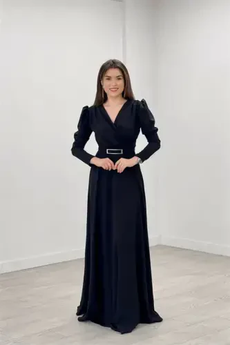 Crepe Fabric Crossover Collar Flared Dress - BLACK - 1