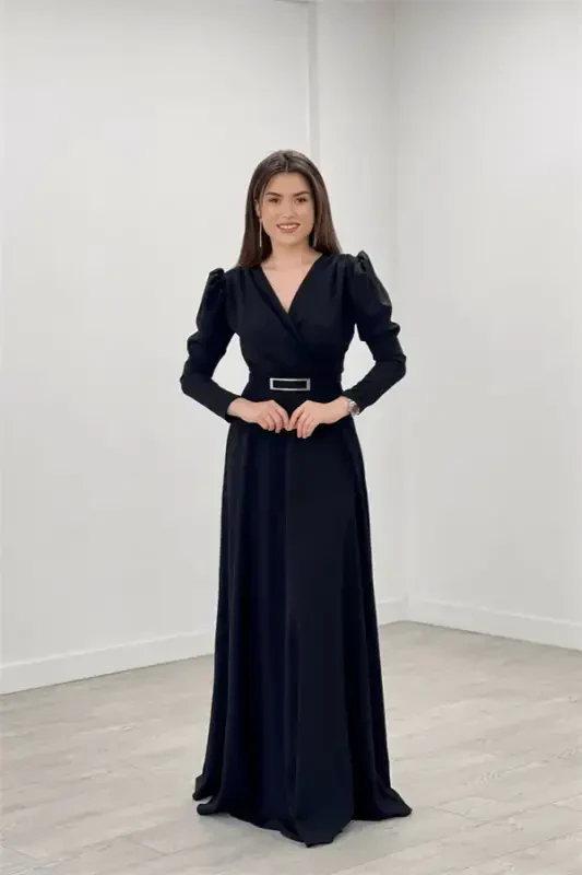 Crepe Fabric Crossover Collar Flared Dress - BLACK - 1