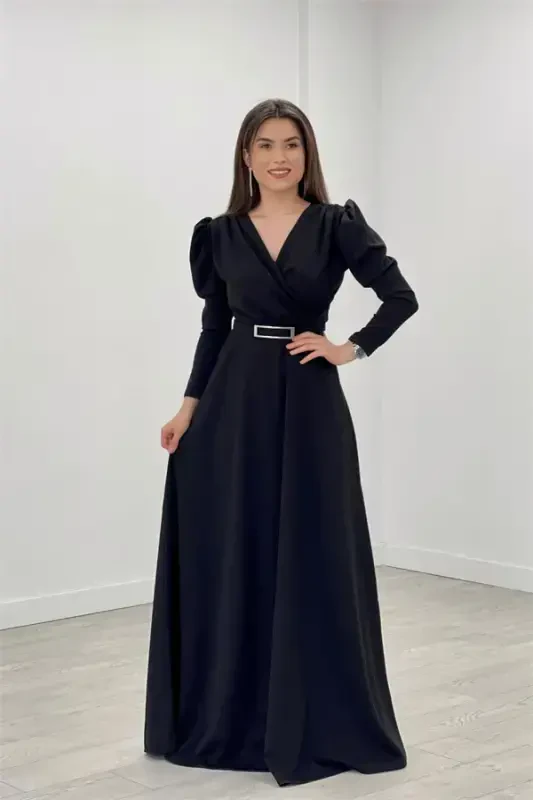 Crepe Fabric Crossover Collar Flared Dress - BLACK - 2