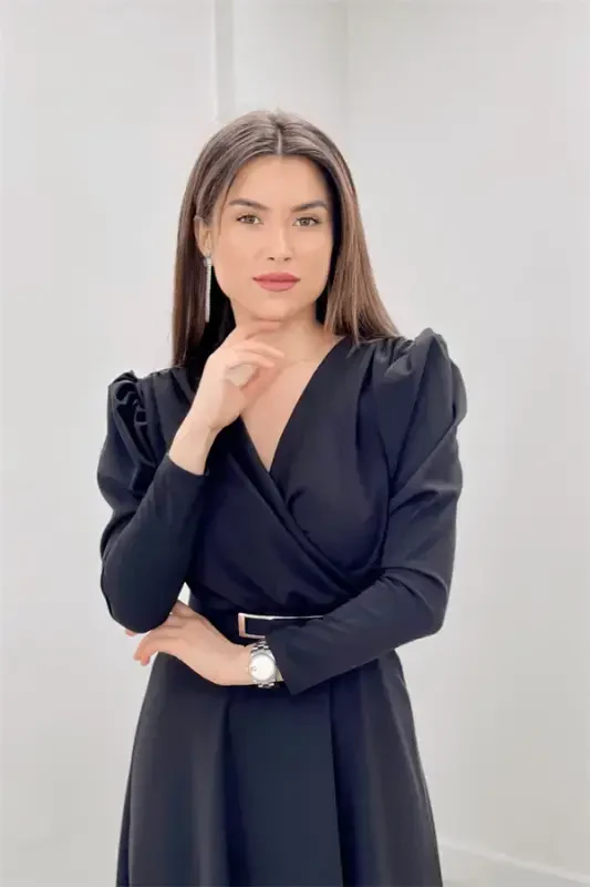 Crepe Fabric Crossover Collar Flared Dress - BLACK - 3