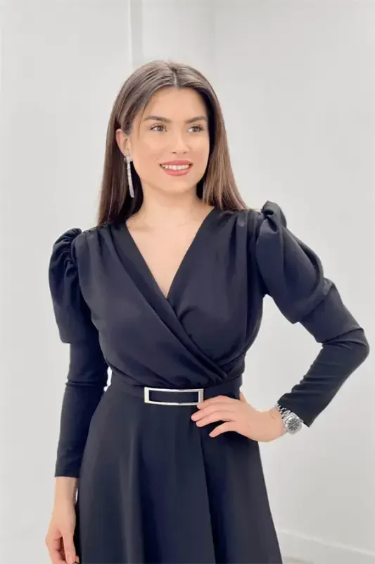 Crepe Fabric Crossover Collar Flared Dress - BLACK - 4