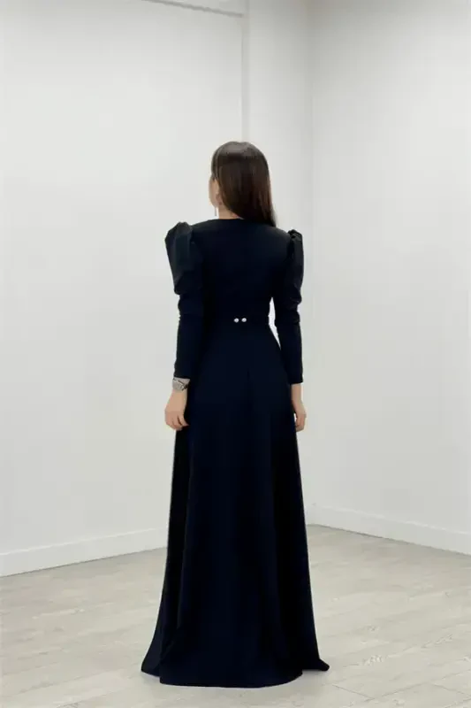 Crepe Fabric Crossover Collar Flared Dress - BLACK - 5