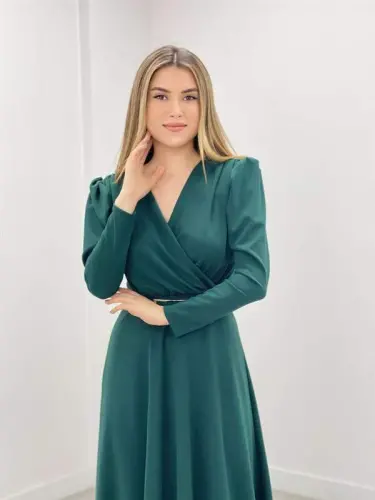 Crepe Fabric Crossover Collar Flared Dress - EMERALD GREEN - 4