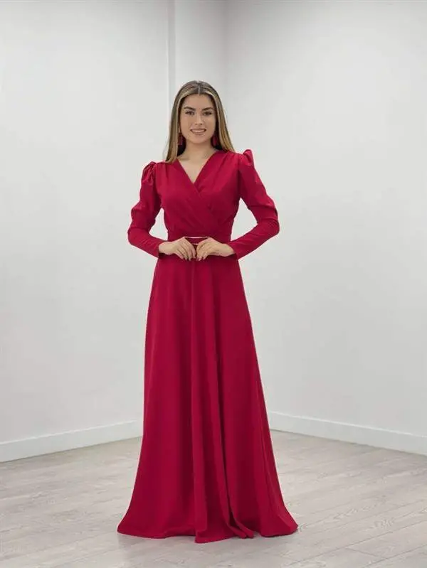 Crepe Fabric Crossover Collar Flared Dress - RED - 2