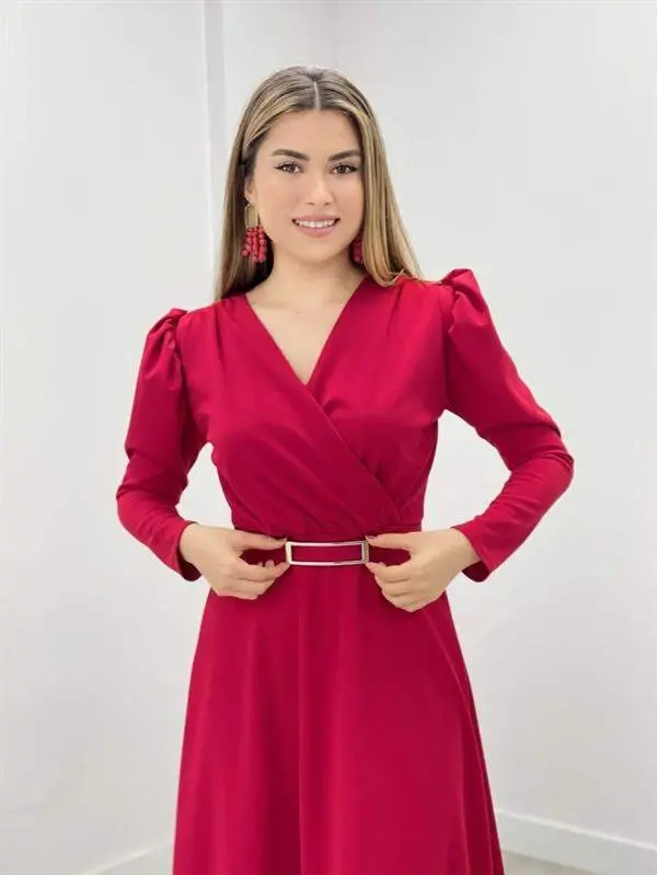 Crepe Fabric Crossover Collar Flared Dress - RED - 4