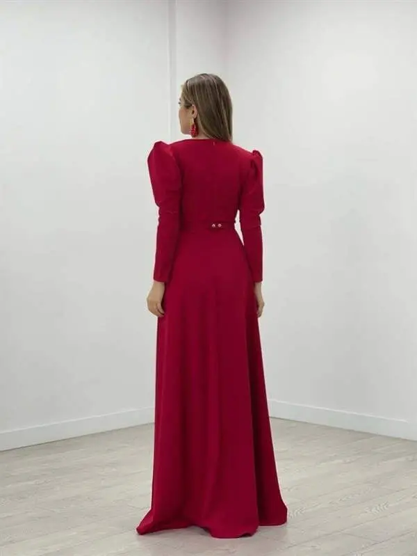 Crepe Fabric Crossover Collar Flared Dress - RED - 5