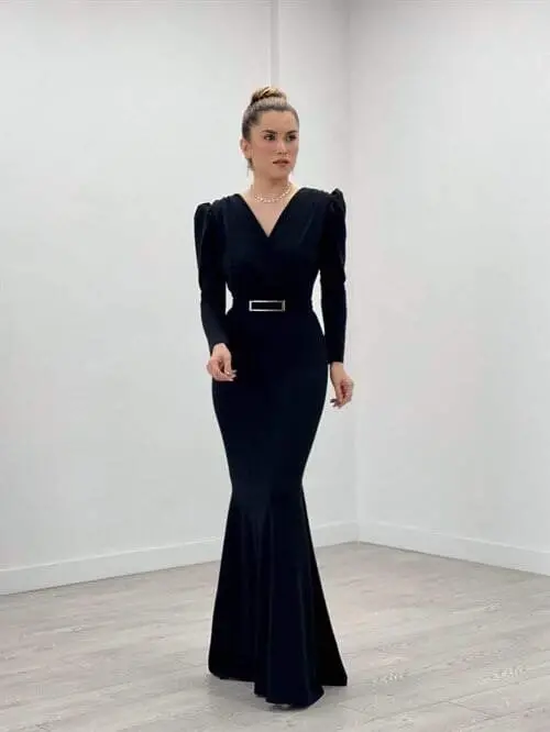 Crepe Fabric Crossover Neck Fishtail Dress - BLACK - BÜYÜKBEDENIZ