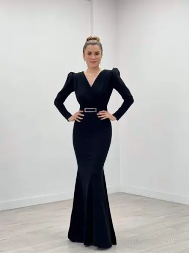 Crepe Fabric Crossover Neck Fishtail Dress - BLACK - BÜYÜKBEDENIZ (1)