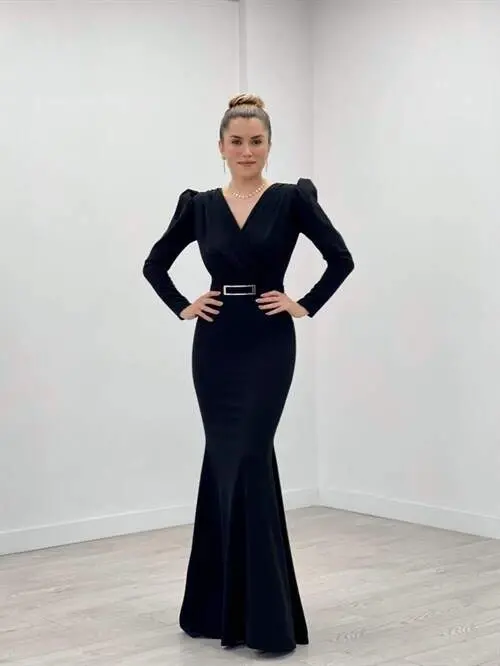 Crepe Fabric Crossover Neck Fishtail Dress - BLACK - 2