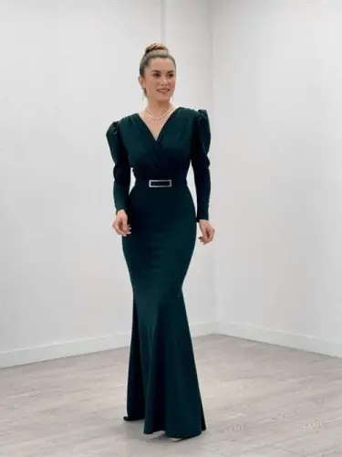 Crepe Fabric Crossover Neck Fishtail Dress - EMERALD GREEN - 1